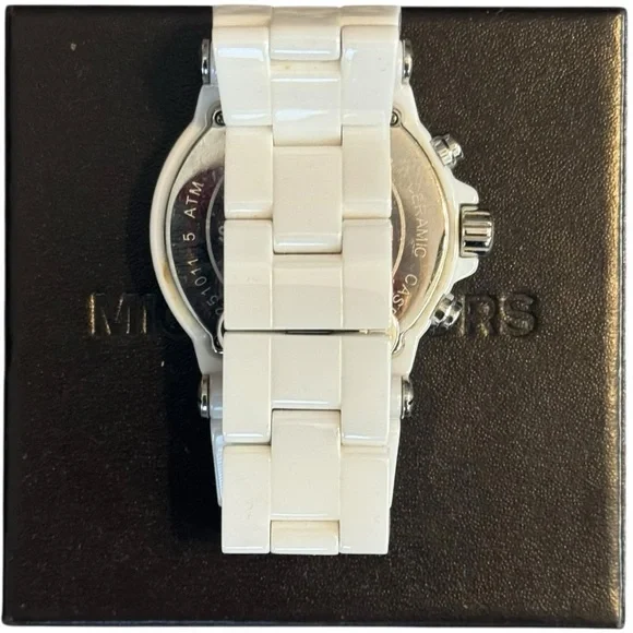Michael Kors MK-5391 White Ceramic Chronograph Women’s Watch Crystal Bezel - Picture 5 of 11